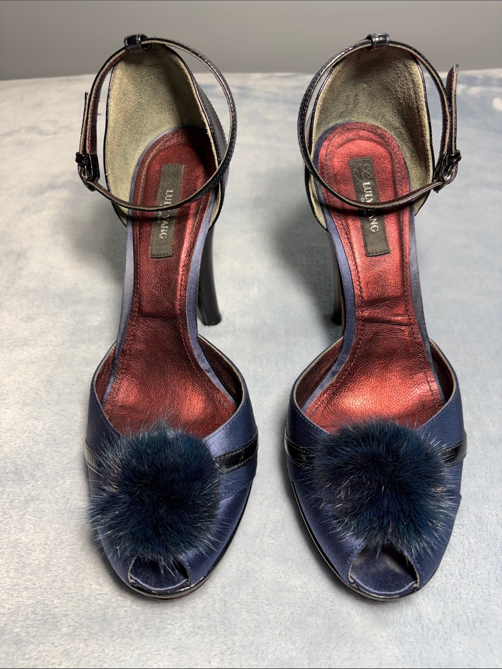 Luly Yang Couture Navy Open-Toe Heels with Pom Pom and Ankle Straps